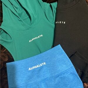 Alphalete Teal Hoodie crop, Black crop sweater, and Blue shorts